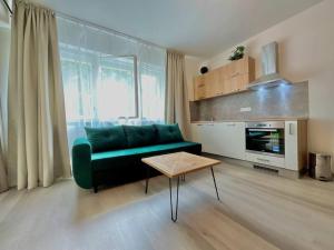 een woonkamer met een groene bank en een tafel bij Apartment 1 in the Bank House in Kutná Hora