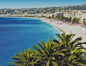 uma vista para uma praia com palmeiras e para o oceano em Chambre privée confortable à louer chez l habitant proche plage et centre ville de Nice em Nice