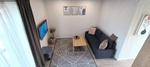 a living room with a blue couch and a table at Svencelė Cottage K18 in Svenele