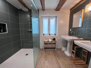 uma casa de banho com um chuveiro, um lavatório e um espelho. em Joseph, Adeline & Nous (Gîte au coeur du vignoble) em Rorschwihr