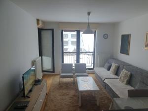ein Wohnzimmer mit einem Sofa und einem Tisch in der Unterkunft Apartman Relax Bjelašnica in Trnovo