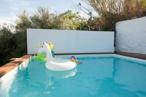 una piscina con un cisne inflable en el agua en Casita avec superbe vue et piscine privée, en Algodonales