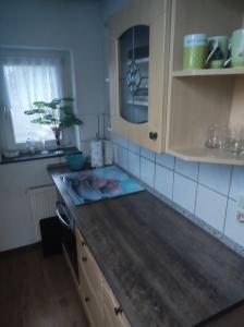 una cucina con piano di lavoro in legno e lavandino di Kleine gemütliche Wohnung a Zwickau