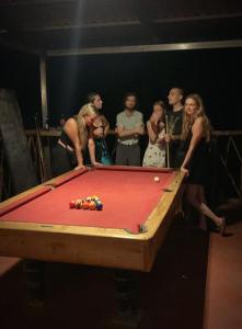 a group of people standing around a pool table at Raindance in Santa Cruz