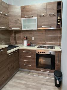 cocina con armarios de madera y fogones en Apartman Nadja, en Niš