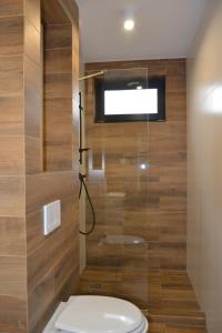 uma casa de banho com um WC com paredes de madeira e uma janela em VILLA HALINTON em Wodzisław Śląski