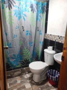 y baño con aseo y cortina de ducha. en Ilinizas Wasi Hospedaje-Restaurante, en Machachi