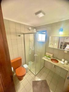 a bathroom with a shower and a toilet and a sink at Apto Centro Moderno e Completo in Ribeirão Preto