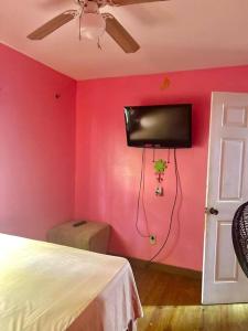 a bedroom with a pink wall with a flat screen tv at Island style home, low key rental in Roatan
