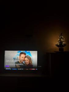 einen Flachbild-TV mit einem Weihnachtsbaum in einem Zimmer in der Unterkunft Apartman Maja in Srbobran