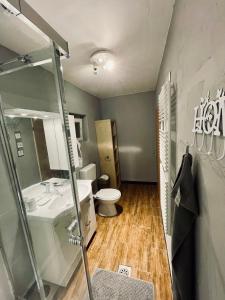 y baño con lavabo y aseo. en Riverhouse apartment en Radovljica