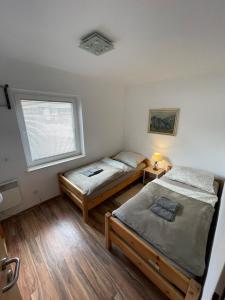 two beds in a room with a window at Riverhouse apartment in Radovljica