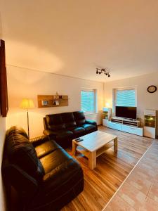 uma sala de estar com um sofá de couro e uma mesa de centro em Riverhouse apartment em Radovljica