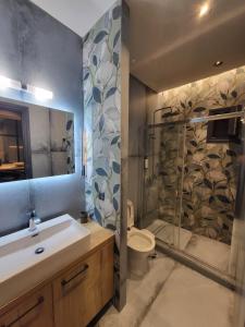 een badkamer met een douche, een wastafel en een toilet bij Modern studio 2 in Veria center, near Elia square in Veria