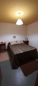 um quarto com uma cama grande e uma luz em El paraíso farmhouse em Cholila
