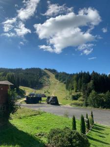 vistas a una colina con una casa y una carretera en Ubytování u sjezdovky Tanvaldský Špičák II. s garáží, en Albrechtice v Jizerských horách