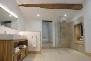 a bathroom with a glass shower and a sink at Girauderies Chambres d'Hotes/B+B in Floirac