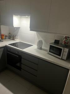 a kitchen with a counter top with a microwave at Spontaneous apartment in Kingston upon Thames
