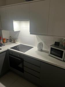 a kitchen with a stove and a microwave at Spontaneous apartment in Kingston upon Thames