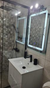 ein Bad mit einem Waschbecken, einer Dusche und einem Spiegel in der Unterkunft Garsoniera NAVI in Onești