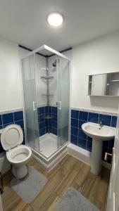 a bathroom with a shower and a toilet and a sink at Dublin Airport, DCU in Dublin