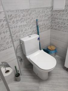 a bathroom with a white toilet and a mop at Downtown in Ruse