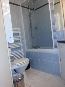 a blue tiled bathroom with a toilet and a shower at Room cosycosy in Clichy