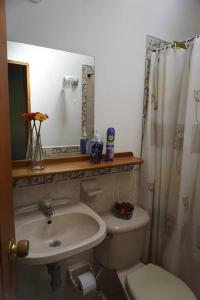 a bathroom with a sink and a toilet and a mirror at Beautiful Country House located in Llanogrande in Rionegro
