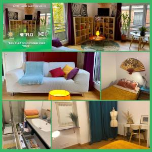 uma colagem de imagens de uma sala de estar em Paris-Versailles-Cosy-Calme-WIFI em Paris