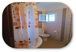 y baño con aseo y cortina de ducha. en ILIOSPITOTRIKALa, en Tríkala