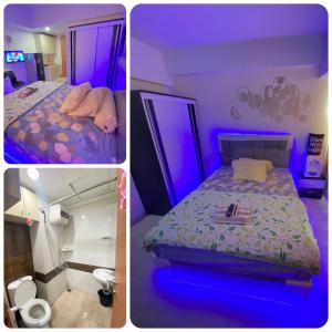3 immagini di una camera con letto e illuminazione viola di VR APARTMENT a Kemirimuka Dua