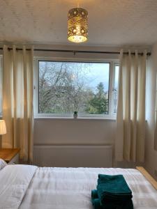 a bedroom with a bed and a window and a chandelier at 1 Luxurious Double Bedroom with Private Shower in Reading