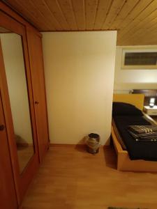 mały pokój z łóżkiem i lustrem w obiekcie Apartment Untergeschoß, 24 H Check-in,Tv,Internet,Küche, Bad, 2 Guest, freeparking,im Keller, VIP Shuttle Service w Hanowerze