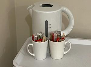 two cups filled with toothbrushes sitting on a counter at Comfort Inn Serenity Bathurst in Bathurst