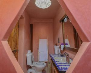 a bathroom with a toilet and a sink and a mirror at Dar Aymane in Imlil