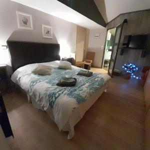 - une chambre avec un grand lit et un arbre de Noël dans l'établissement L'olivier TESSA Hôtesse suite 30m2 terrasse 20m2, à La Celle