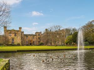a group of ducks swimming in a pond in front of a castle at The Greenwoods in Barrowford