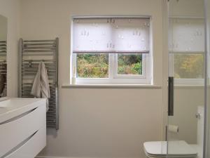 a white bathroom with a window and a toilet at Clachries Cottage in Boreland of Colvend