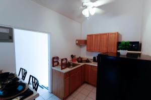 瓦利的住宿－C&D Residential Penthouse，厨房配有木制橱柜和黑色冰箱。