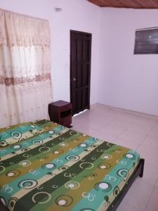 ein Schlafzimmer mit einem Bett mit einer grünen Decke und einer Tür in der Unterkunft Casa de relajación low cost in La Dorada