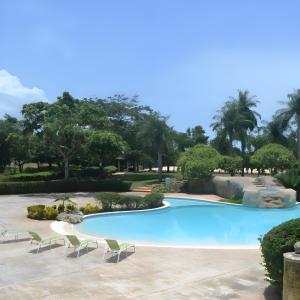 璜多里奧的住宿－Majestuosa villa en Juan Dolio, Guavaberry Golf & Country Club，一座带椅子和树木的游泳池