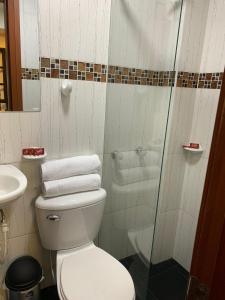 a bathroom with a toilet and a shower with towels at APARTASUITES BOGOTA 53 - 101a in Bogotá