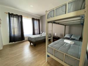 納塔列斯港的住宿－Casa Patagonia，一间卧室配有两张双层床和一张四柱床。