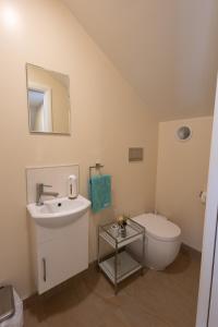 uma casa de banho com um lavatório, um WC e um espelho. em Khandallah Harbour View BnB em Wellington