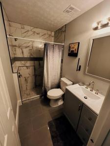 a bathroom with a toilet and a sink and a shower at Recently Renovated Condo! in Athens