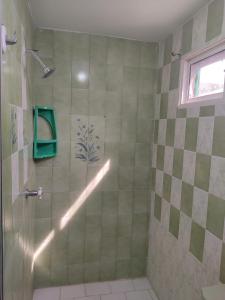 ein Bad mit einer Dusche und einer Glastür in der Unterkunft Hospedaje Casa Pachi en Cartagena de Indias in Cartagena de Indias