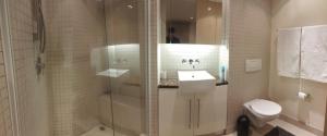 uma casa de banho com um chuveiro, um WC e um lavatório. em Business Pro Apartment, Windhoek em Windhoek