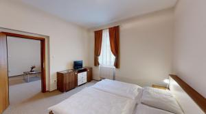 Báč的住宿－Klaudia's Hotel & Restaurant at Golf Resort, Bač Šamorín，一间卧室配有一张床、一张书桌和一台电视