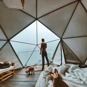 a man standing inside of a tent with a dog at Glamping San Luis in San Luis
