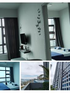 uma colagem de fotografias de um quarto com uma janela em ArasTwo JQ Homestaykk LEVEL 22 SEAVIEW em Kota Kinabalu